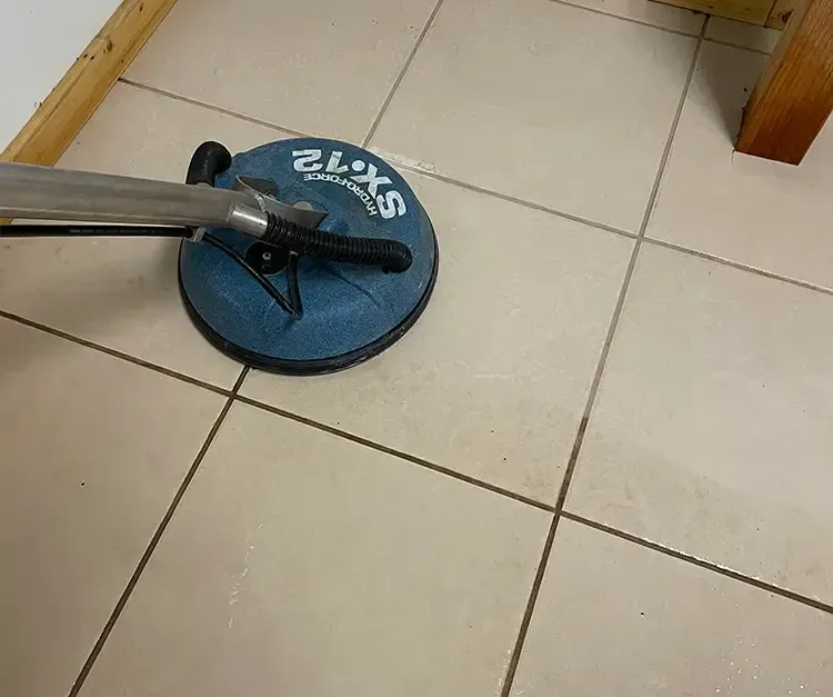 A vacuum cleaner is cleaning a carpet in a room.