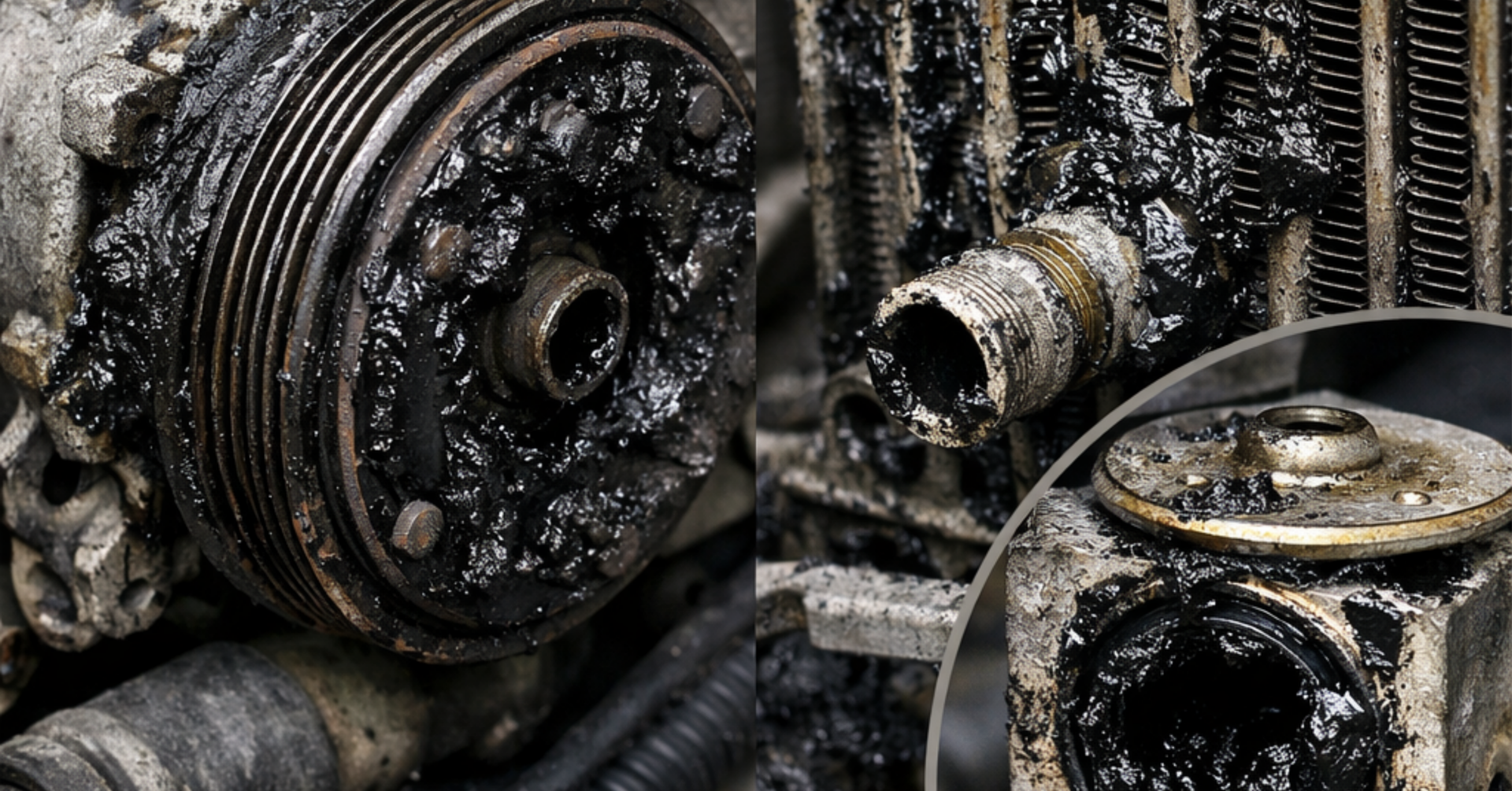 Auto AC system contaminated with black sludge from compressor failure showing Black Death in A/C