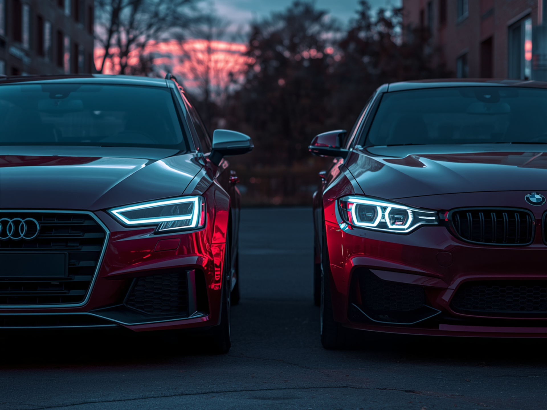 BMW and Audi parked next to each other at shop for specialized European vehicle engine diagnostics.