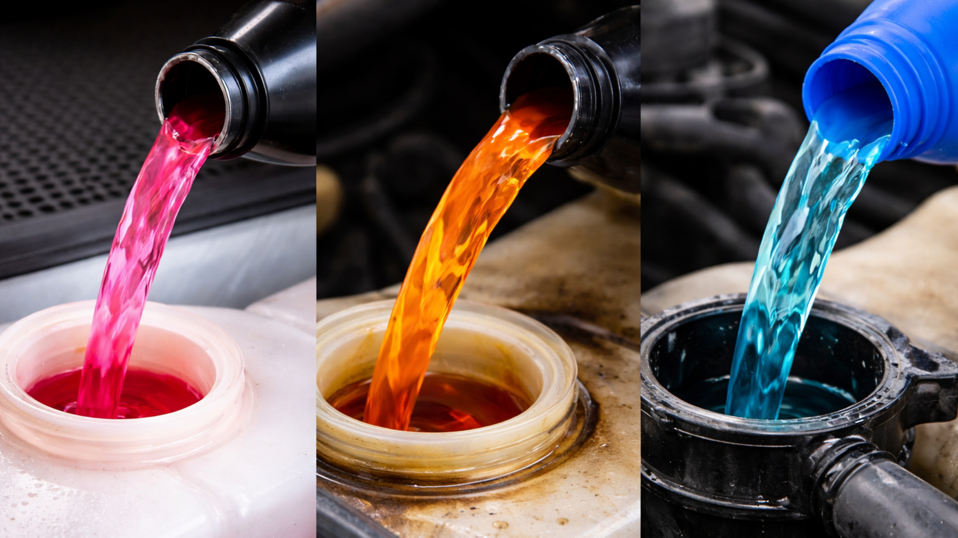 Three different color engine coolants being poured showing the risk of mixing incompatible formulas