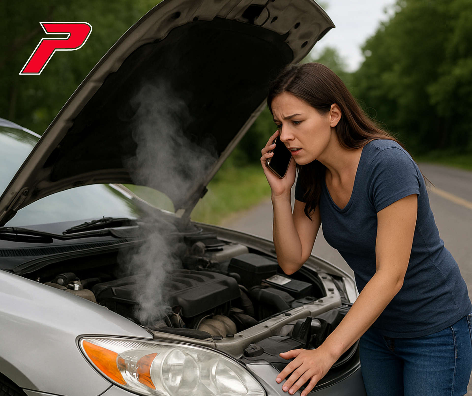 Woman standing beside car with hood up and engine overheating, calling for roadside assistance