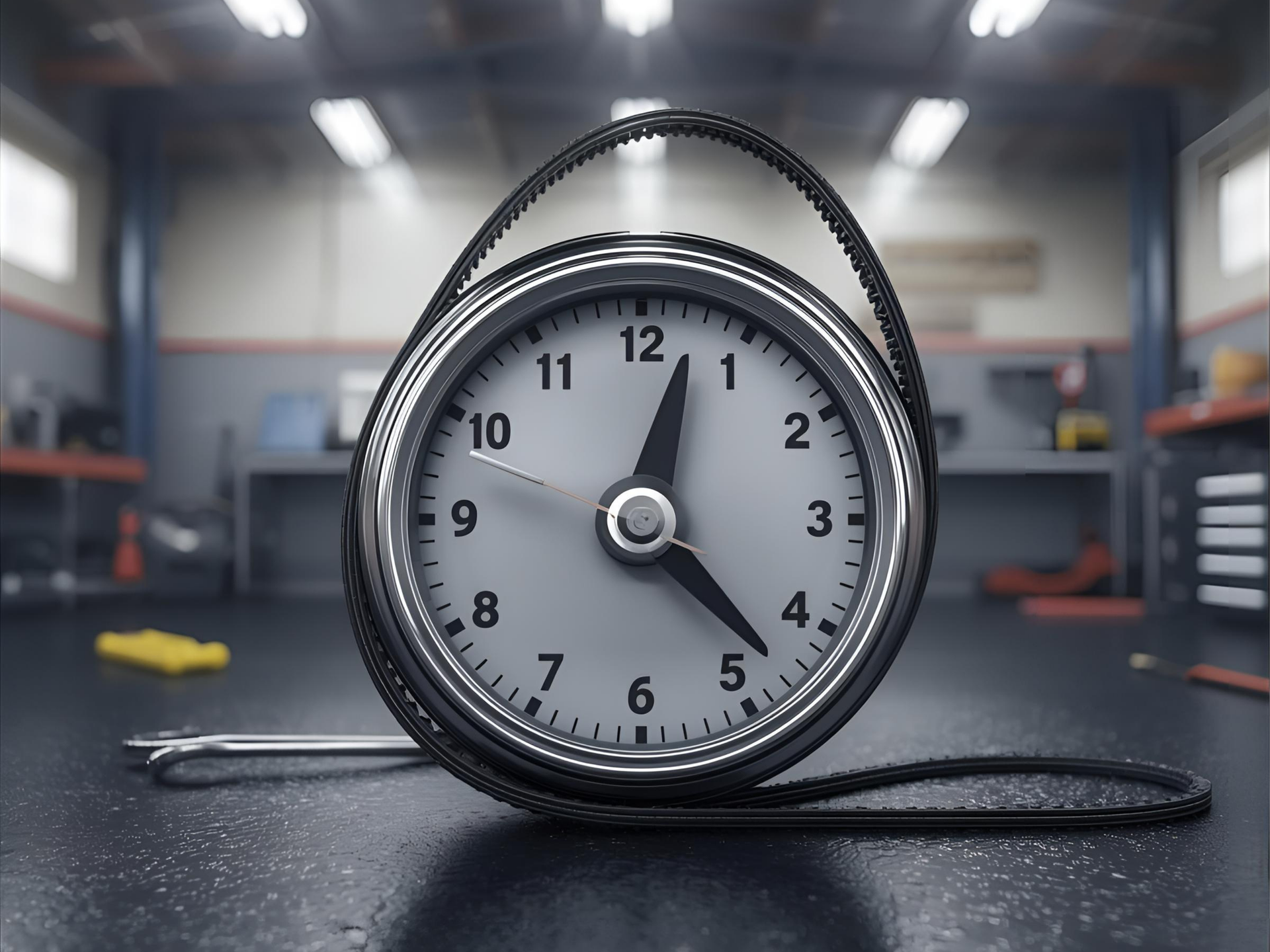 Close-up photo of a vehicle timing belt wrapped around a clock face, symbolizing its
.0 importance