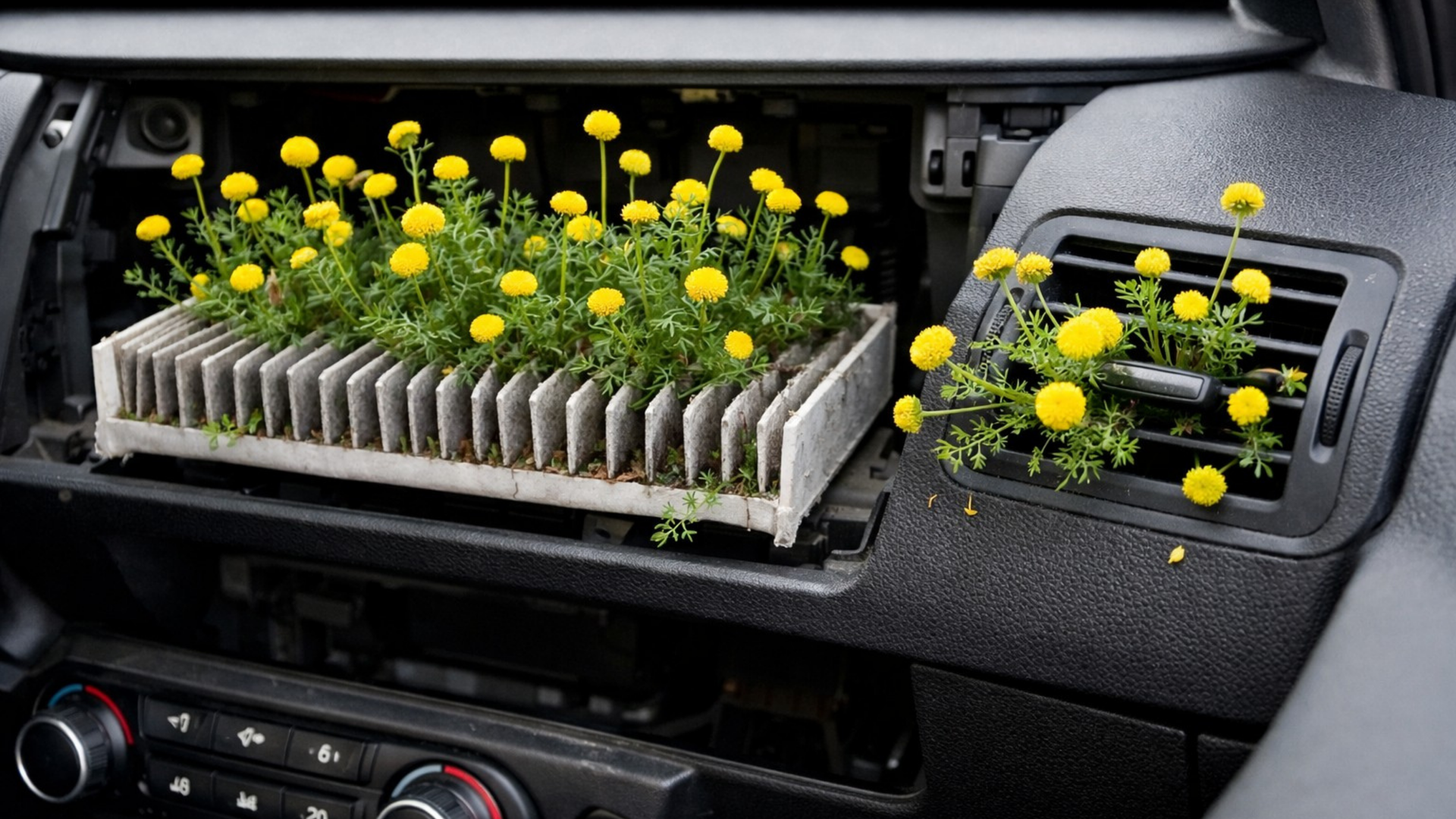 Arizona stinknet weeds growing from a clogged cabin air filter and AC vents inside a vehicle
