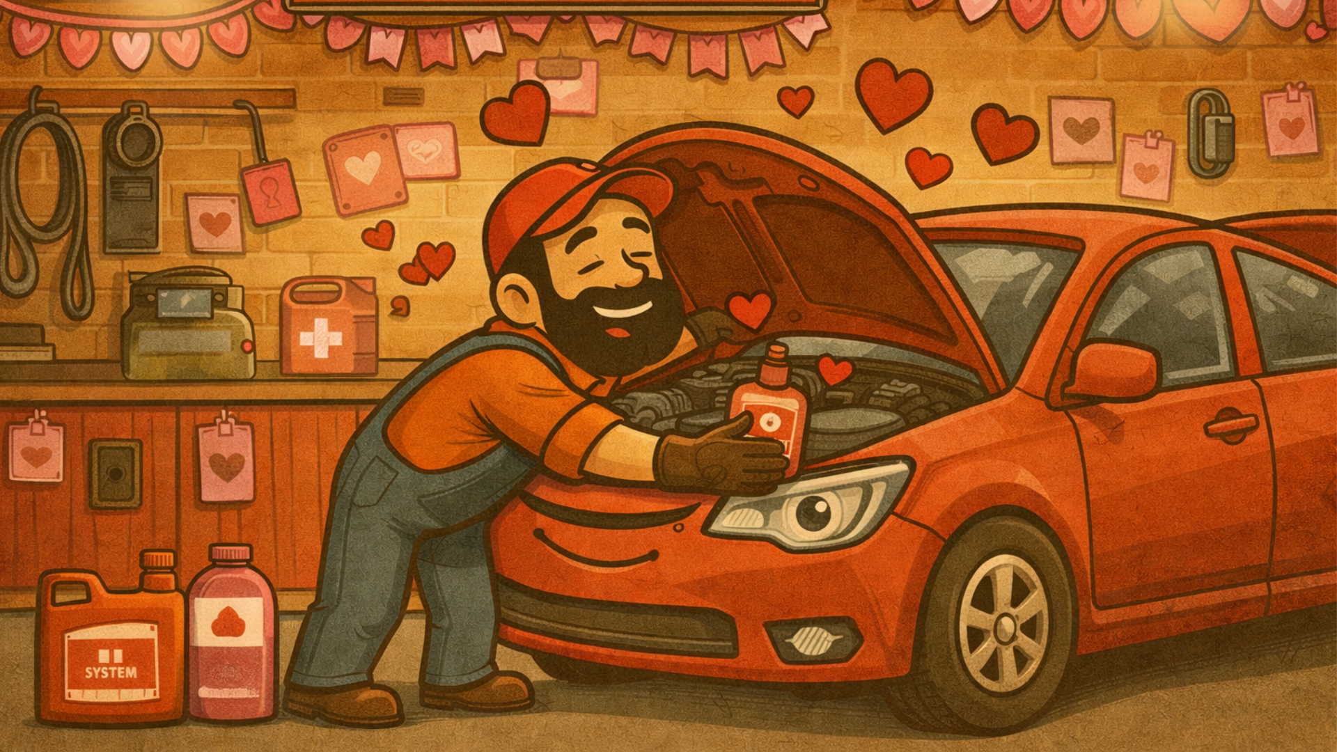 Technician hugging a car, encouraging drivers to show their vehicle some love this Valentine's Day