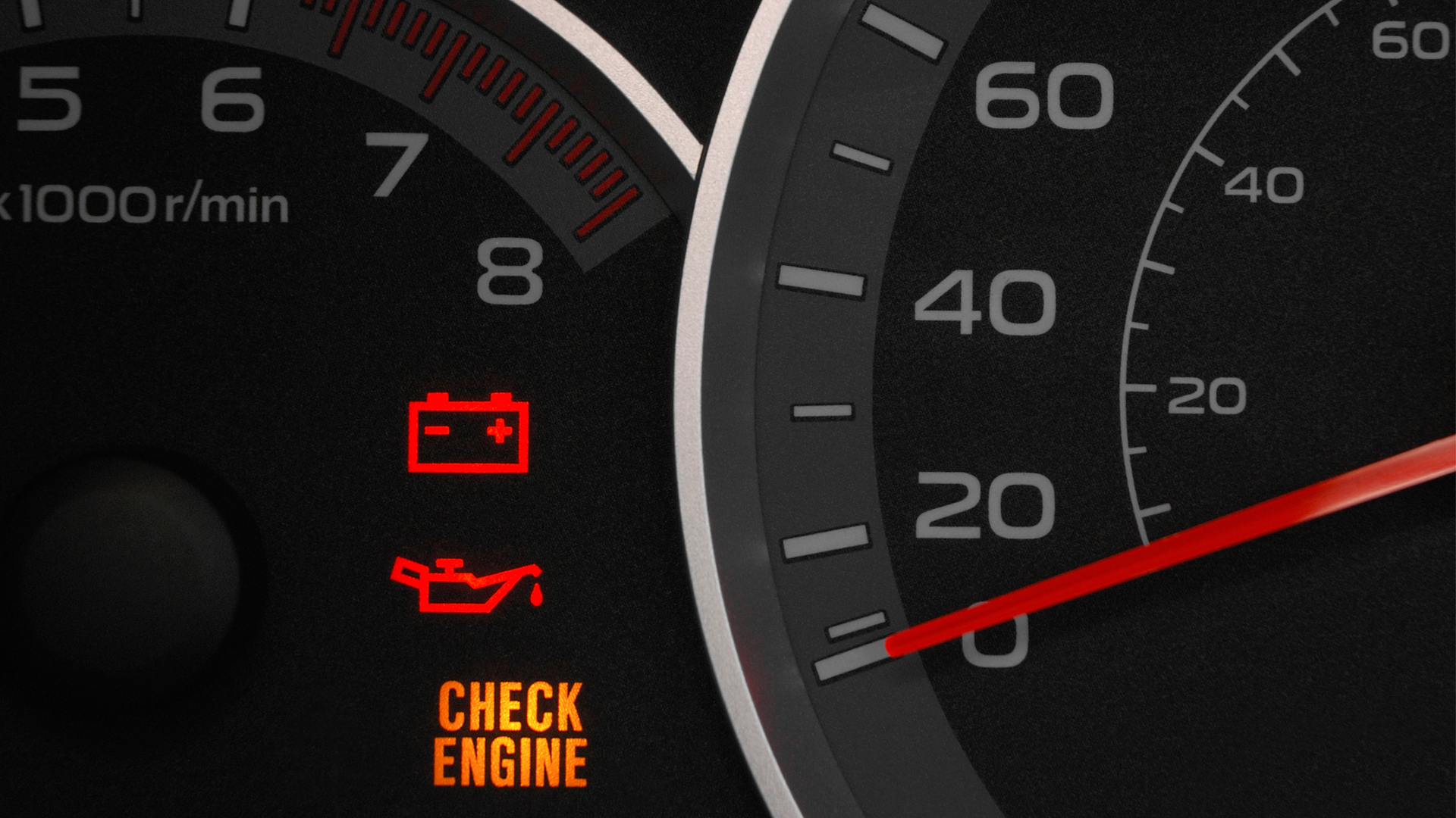 Vehicle dashboard showing check engine warning light on, signaling maintenance needed