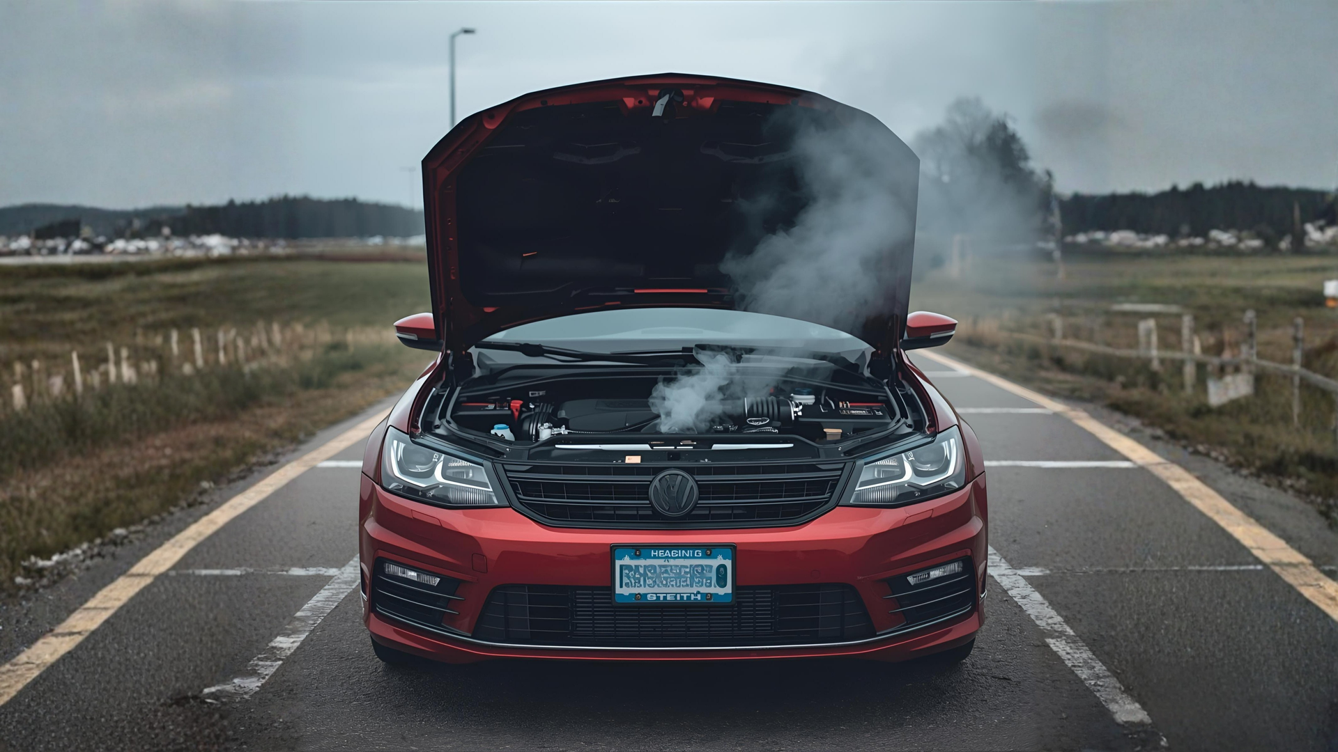 Overheating car engine with hood open showing engine components under heat stress