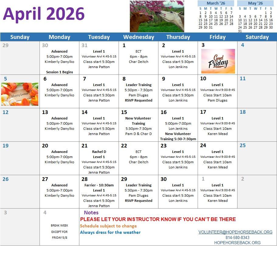 April 2026 wall calendar with daily grid, purple title, and a red notice at the bottom.