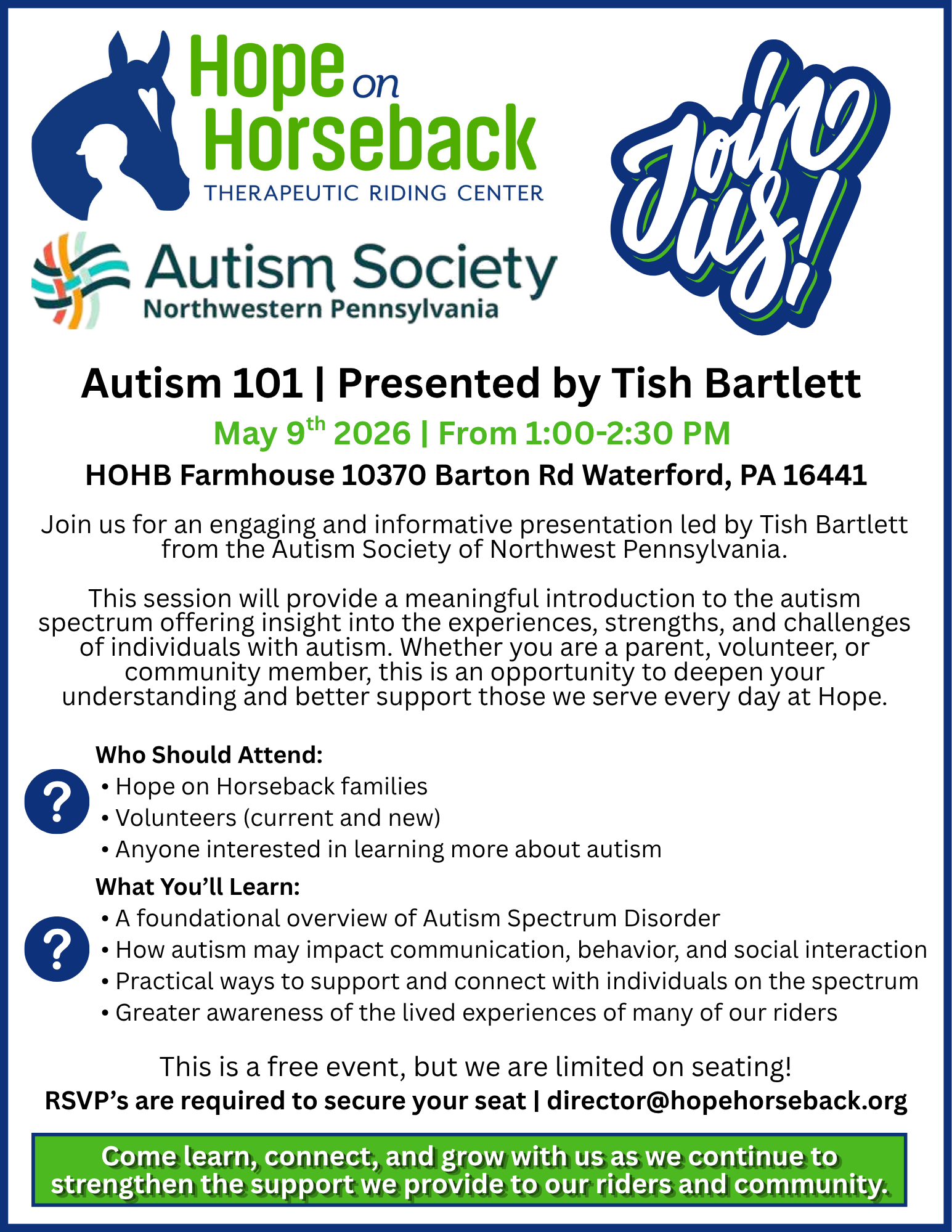 Autism Society flyer for Autism 101 with Hope on Horseback logo, blue and green text, and event details.