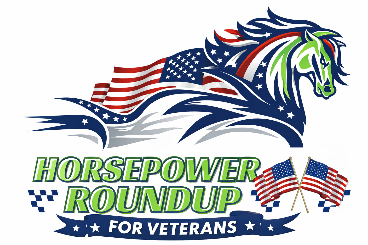 HorsePower Roundup for Veterans logo with galloping horse and American flag in red, white, and blue