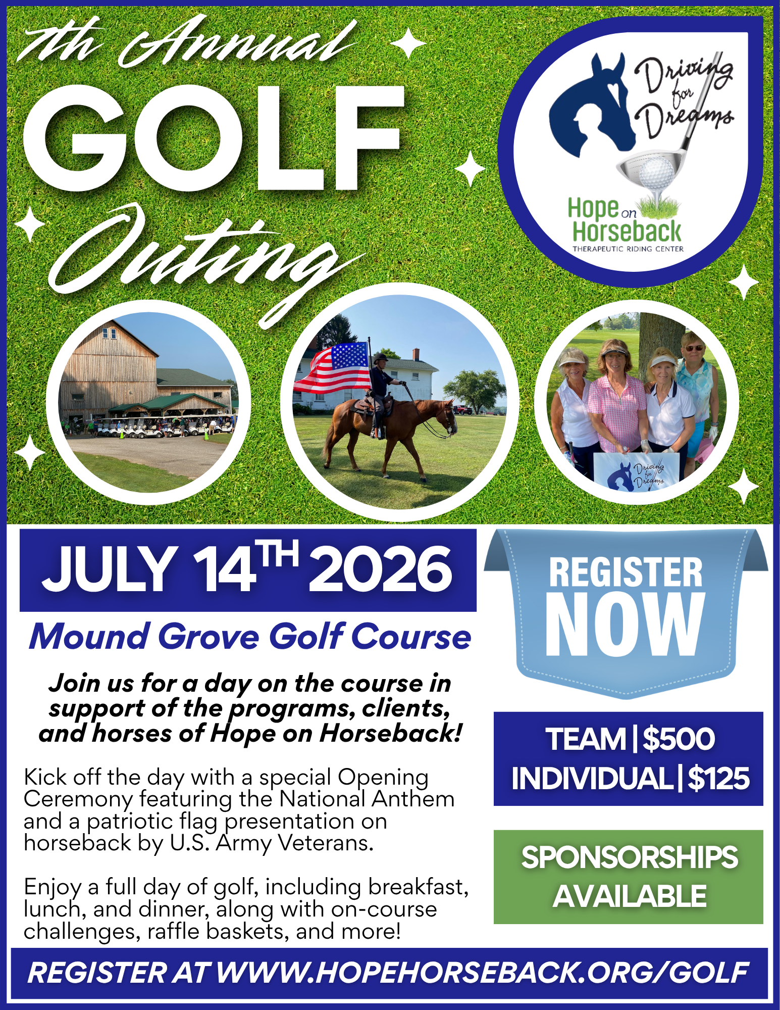 Golf outing fundraiser flyer for Hope Horseback Riding, July 14, 2026, with golf course photos and registration info