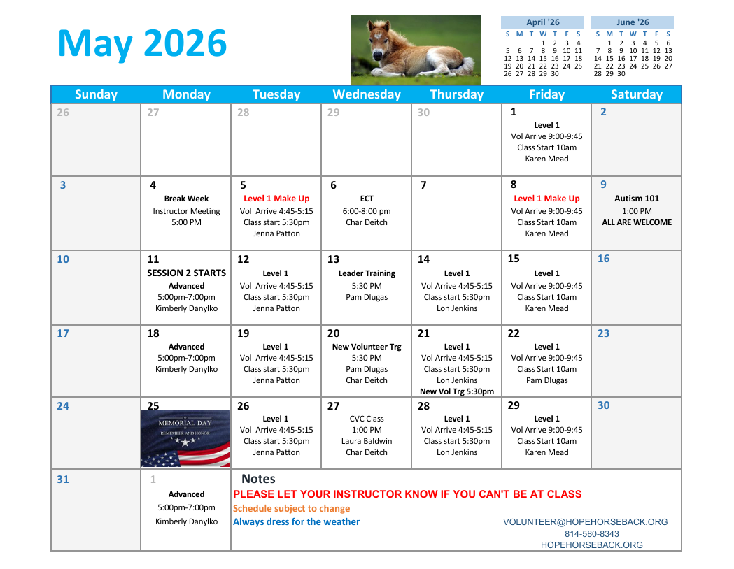 May 2026 calendar with blue header, grid layout, small photos, and handwritten event notes