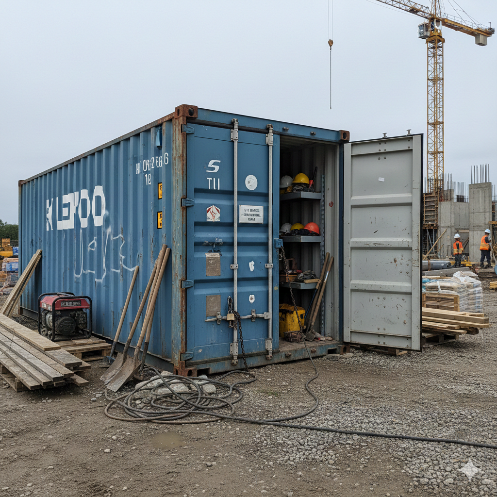 Secure metal container for jobsite storage showing organized tool storage on construction site