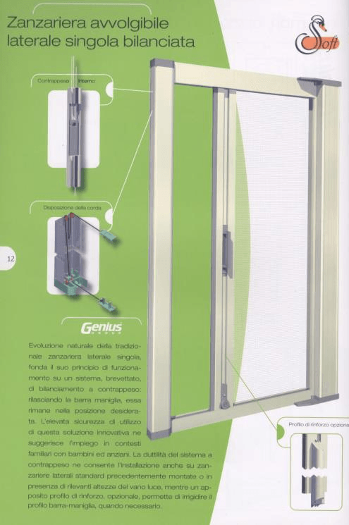 Zanzariera retrattile bianca monofacciale. Primo piano del meccanismo della zanzariera. Telaio e rete beige.