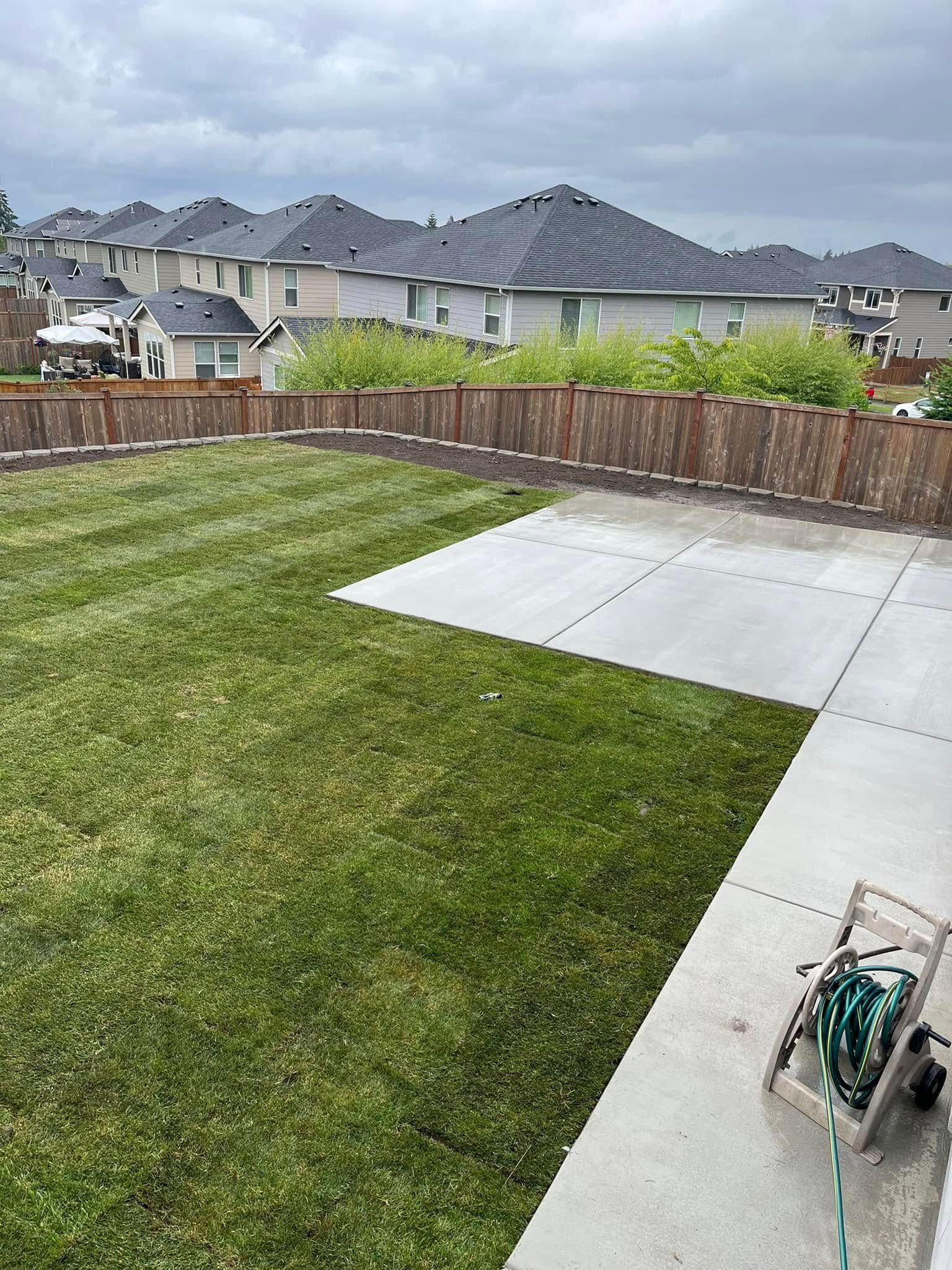 A backyard with a lawn mower and a hose.