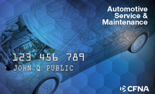 Blue credit card featuring an automotive engine diagram, the text 