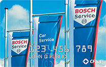 Bosch Service flags with a mock credit card overlay showing a card number and 