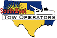 Southwest Tow Operators logo with tow truck silhouette, sunburst, and states of Oklahoma and Texas | Rick's Automotive