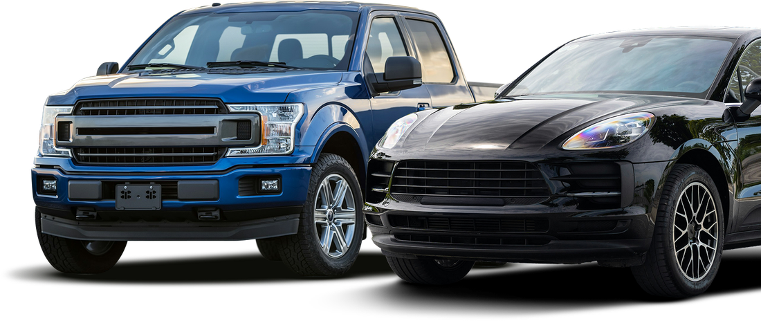 A blue pickup truck and a black SUV side-by-side on a white background. | Rick's Automotive