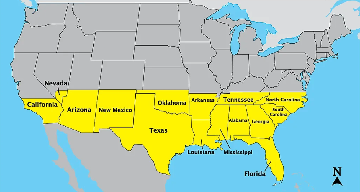 Map of Sunbelt USA