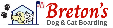 Logo for Breton's Dog & Cat Boarding with paw prints, a dog and cat in a blue house, and a waving American flag.