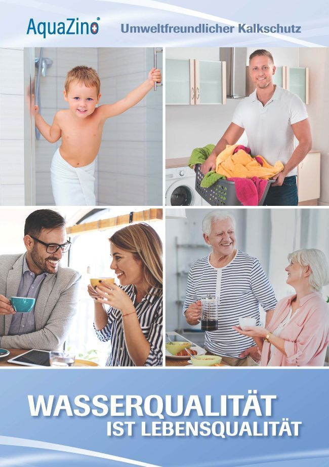 Werbung zur Förderung der Wasserqualität mit Lifestyle-Bildern: Kind unter der Dusche, Mann mit Wäsche, Paar und Senioren.