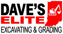 Dave's Elite Excavating & Grading logo: black text on red, Indiana outline with excavator icon.