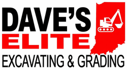 Dave's Elite Excavating & Grading logo: black text on red, Indiana outline with excavator icon.