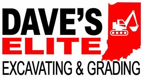 Dave's Elite Excavating & Grading logo: black text on red, Indiana outline with excavator icon.