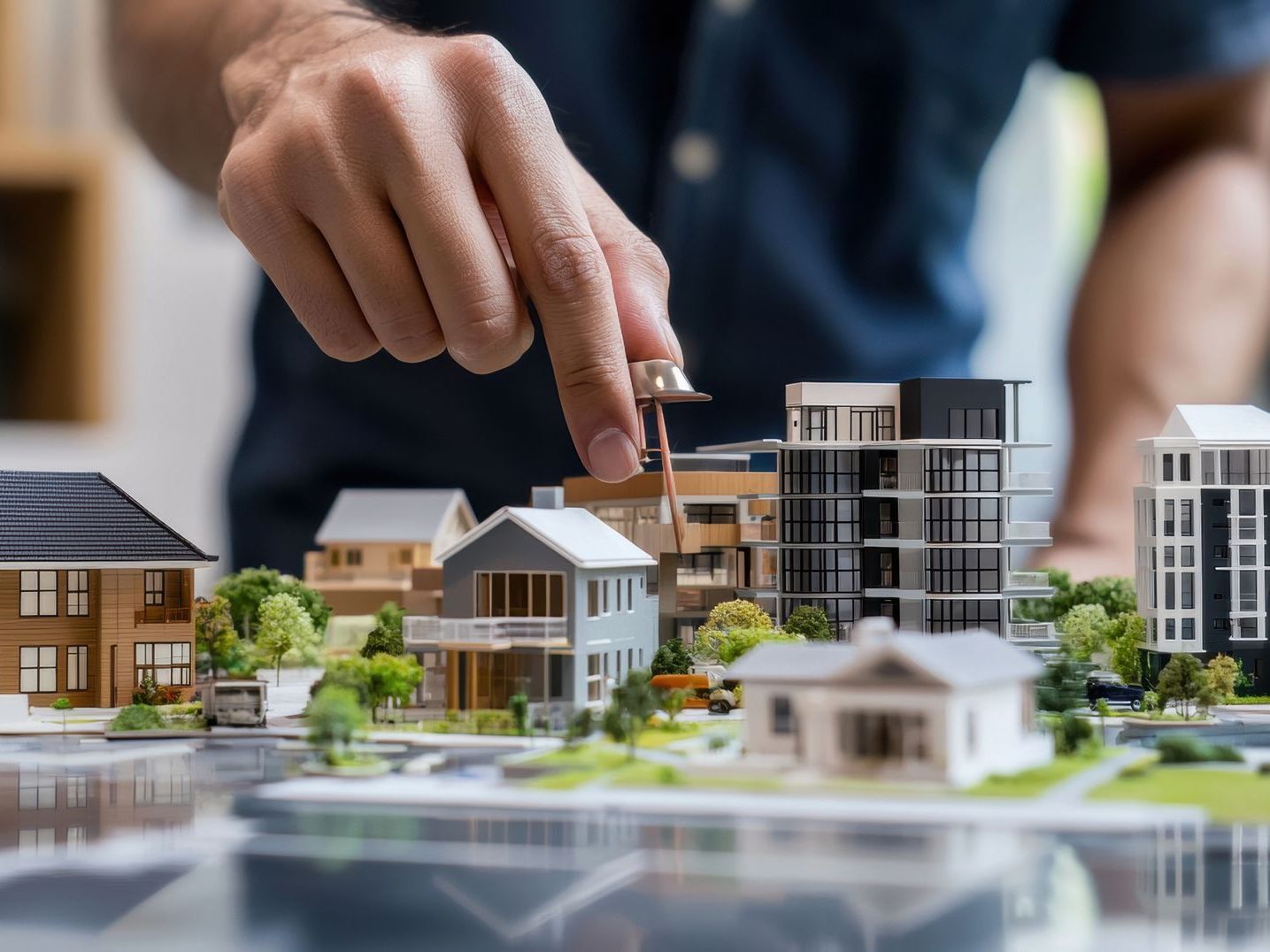 A man is playing with a model of a city.