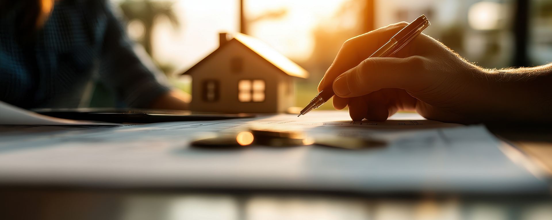 A person is writing on a piece of paper with a pen in front of a model house.