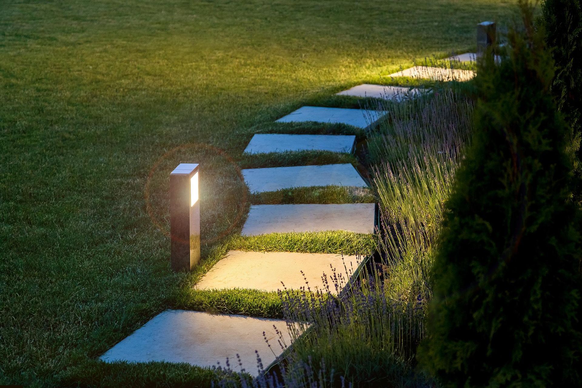 Stone path with illuminated lights winding through a green lawn and alongside a hedge.
