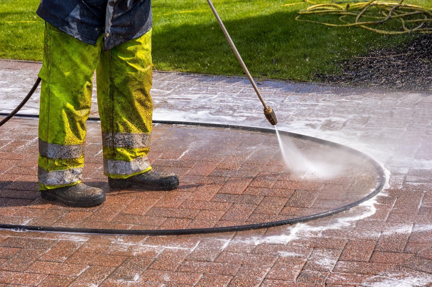 Person in safety gear power washing a brick paved surface.