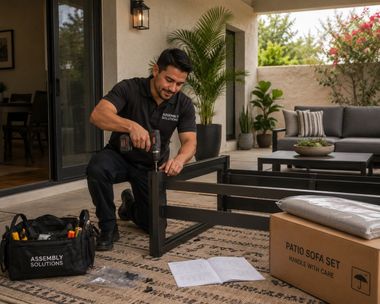 Man assembling a black sofa frame on a patio beside tools, instructions, and a boxed sofa set