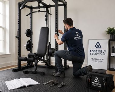 Technician assembling a black home gym machine beside a branded toolkit in a bright room