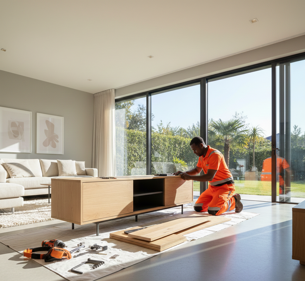 Person in orange workwear assembles furniture in a modern living room with a large window.