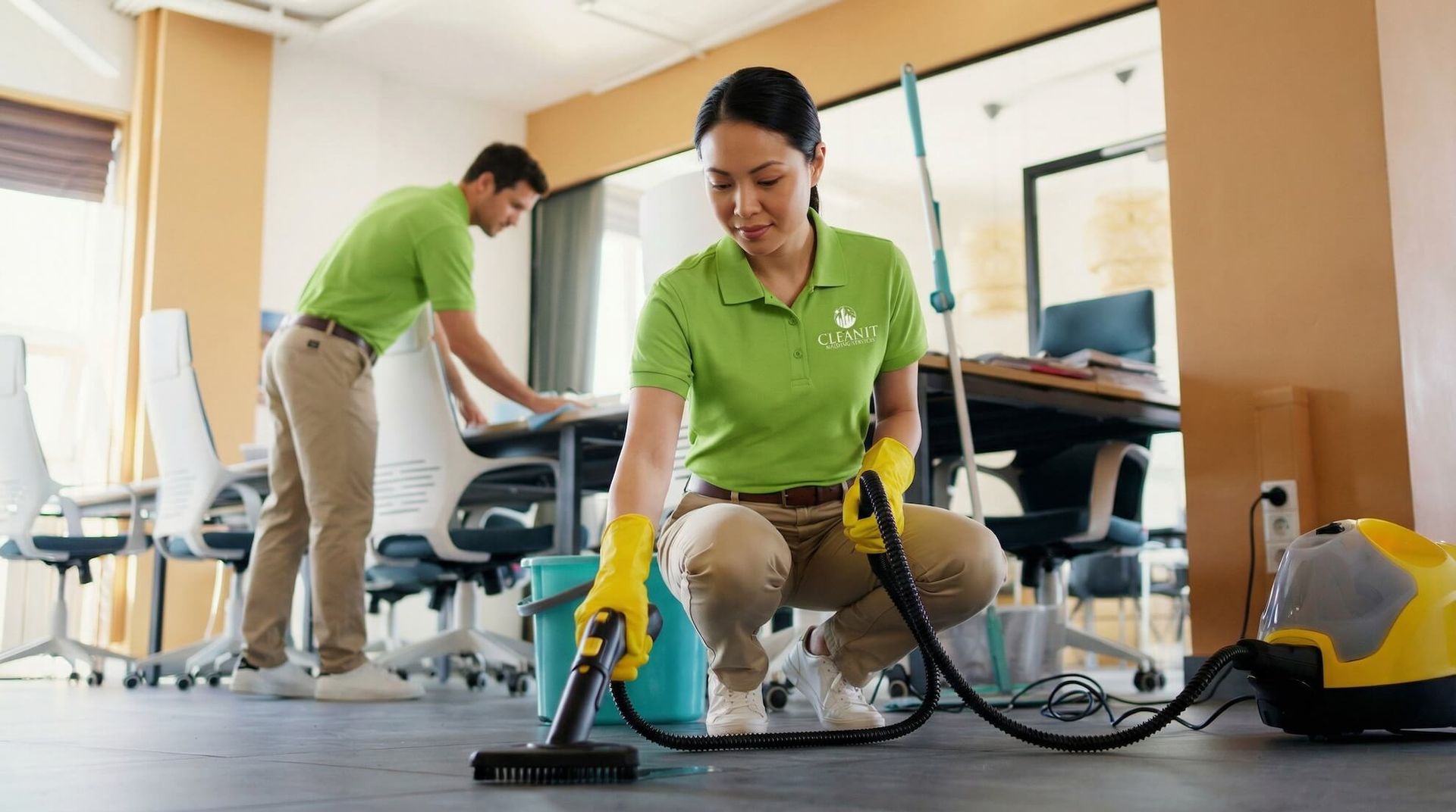 Professional cleaning service person using vacuum cleaner in office