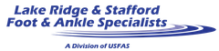 Logo for Lake Ridge & Stafford Foot & Ankle Specialists, a division of USFAS. Blue text and wavy graphic on white.