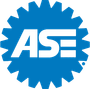 Blue ASE logo inside a gear-shaped emblem.