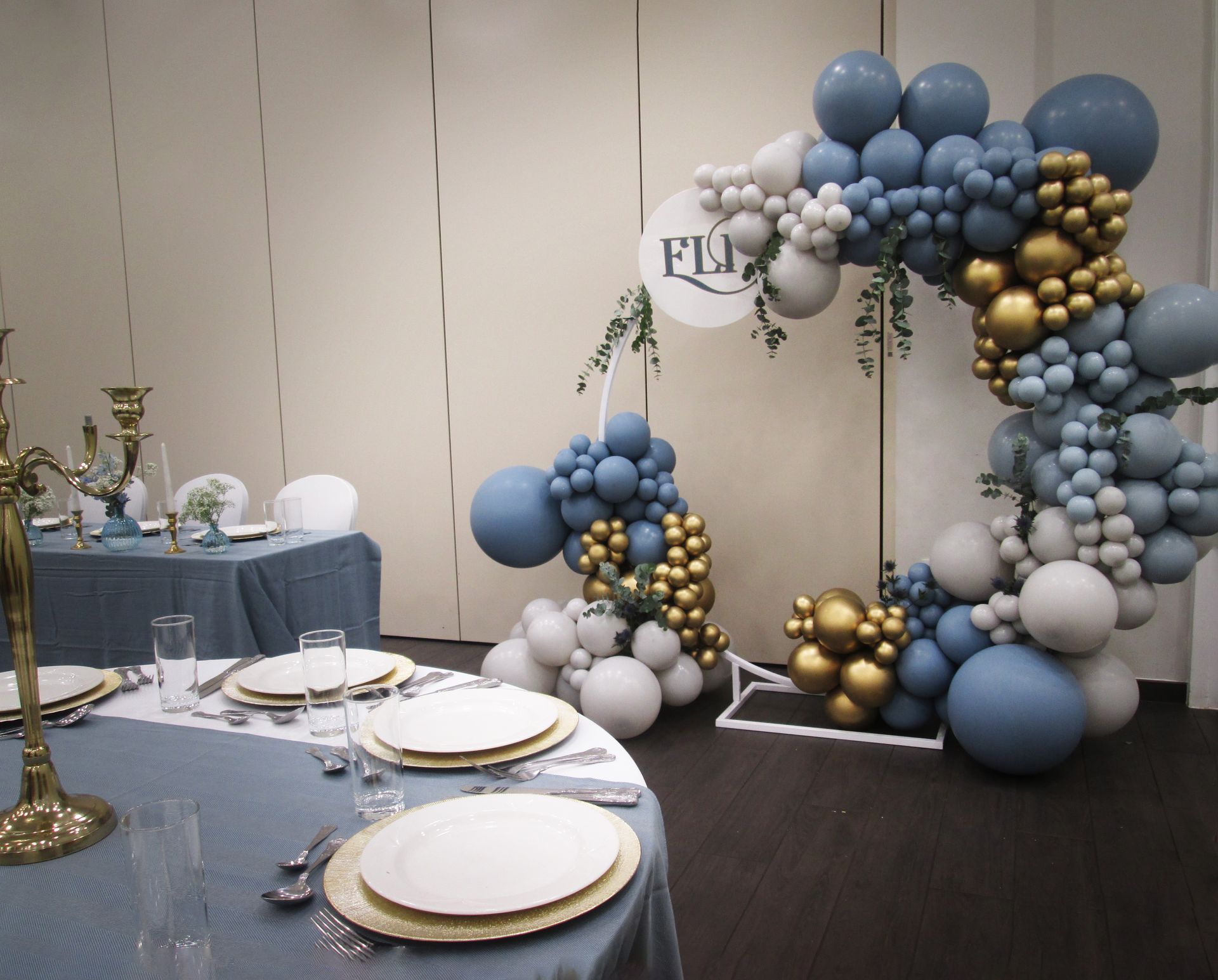Floor Standing Large Wedding Balloon Hoop Frame Slate Blue Gold Trending Personalised Balloon Backdrop Newcastle Gateshead