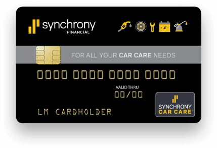 Synchrony Car Care credit card on black background with gold text and graphics. | Louis Garage, Inc.