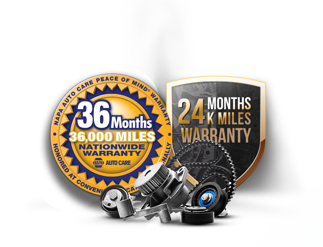 NAPA Autocare warranty advertisement with parts: 36 months/36,000 miles and 24 months/24k miles warranty badges. | Louis Garage, Inc.