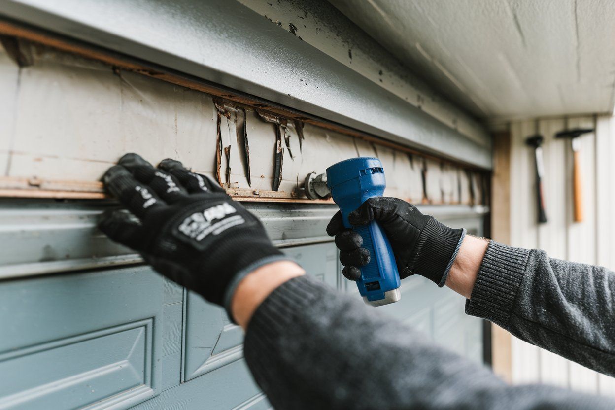 A person wearing gloves is working on a garage door.