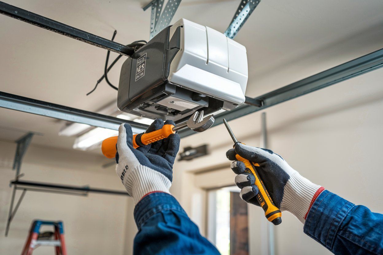 A man is fixing a garage door opener with a screwdriver.