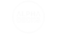Alpha Decks logo, white text inside a white circle.