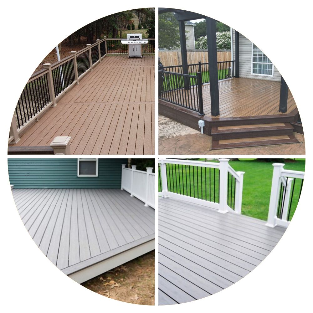 Composite image of four different decks with varying colors and railings.
