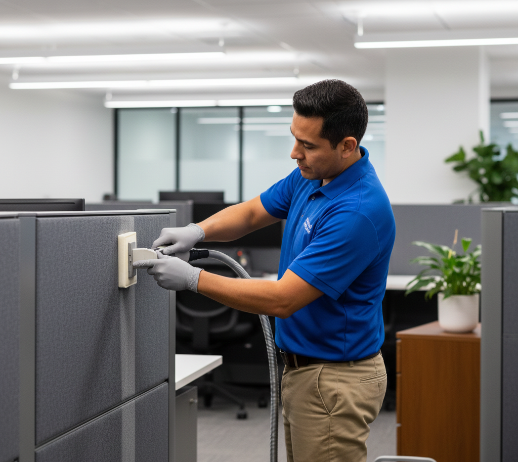 Man in blue shirt cleans office cubicle wall with a vacuum attachment.