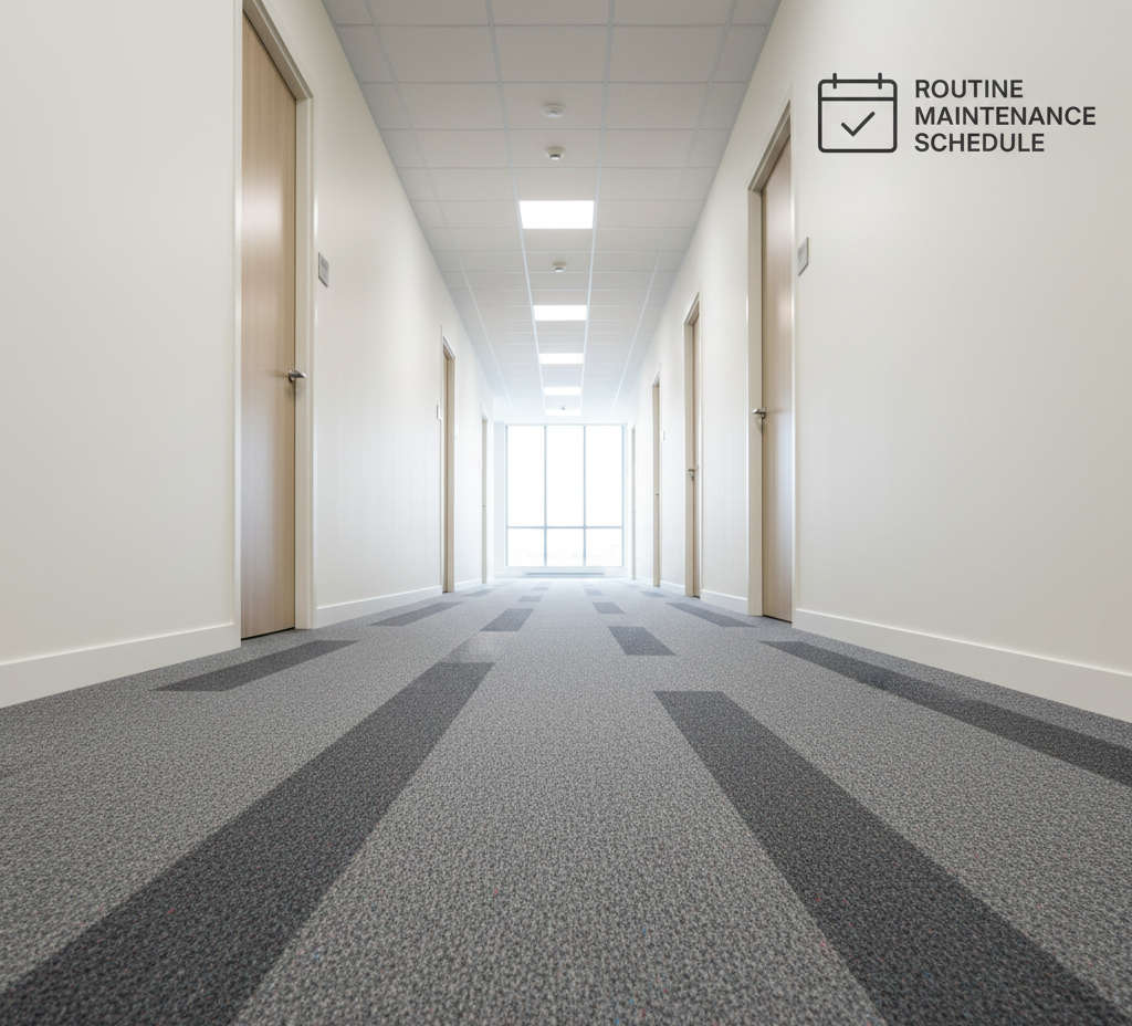 Long hallway, patterned carpet, and bright light at the end. 
