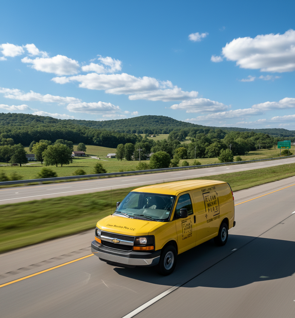 Yellow van driving on highway, green hills and blue sky in background.