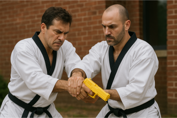 A man is holding another man 's hand while holding a yellow object.