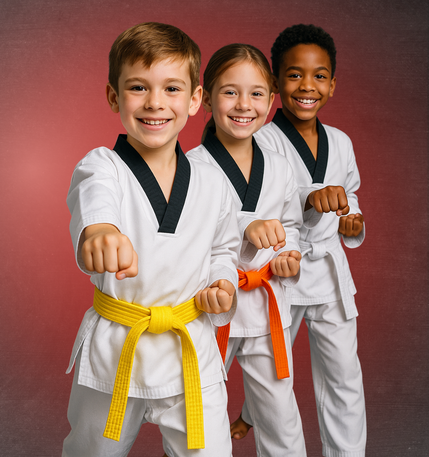 A group of young children are wearing karate uniforms and belts.